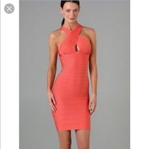 Peach Herve Leger cross neck halter dress
